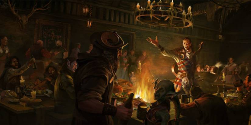 A tavern in full swing, full of patrons.