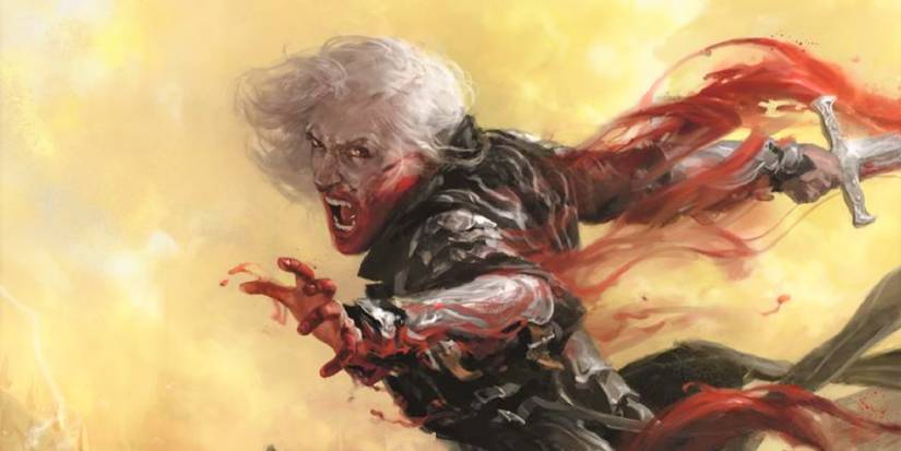 A white haired blood hunter weaving their blood on their blade.