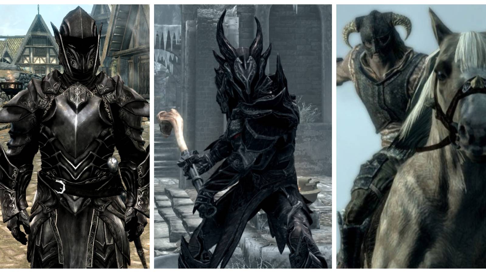 ebony warrior, daedric armor, dragonborn on a horse