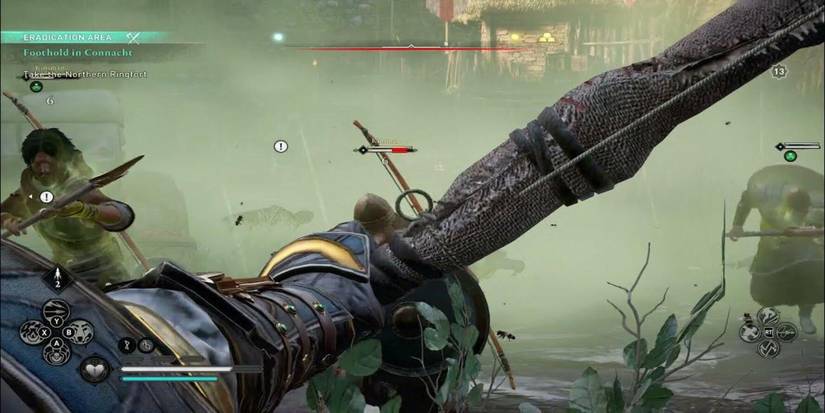 Eivor using miasma against a group of baddies