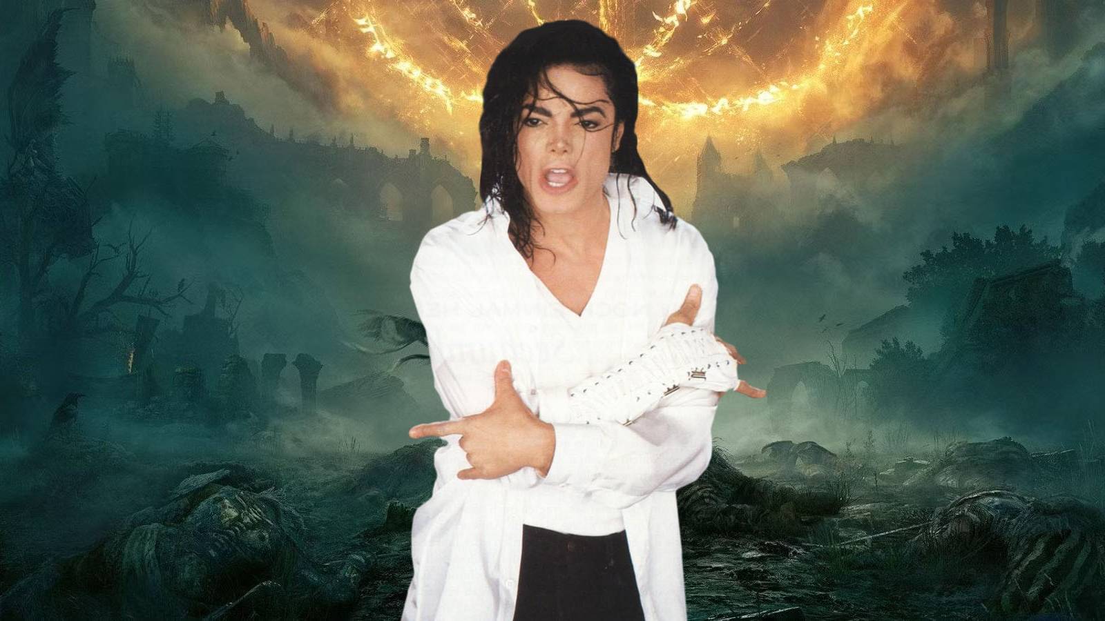 An image of Michael Jackson from his Black or White music video instered into promotional art for Elden Ring.