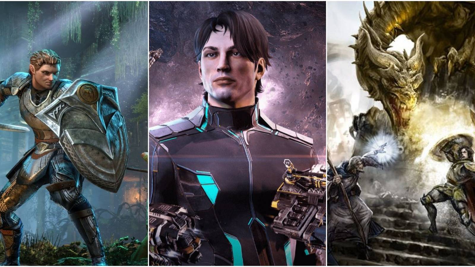 Elder Scrolls Online character in fighting stance, close-up portrait of EVE Online Character, two Ultima Online characters fighting dragon