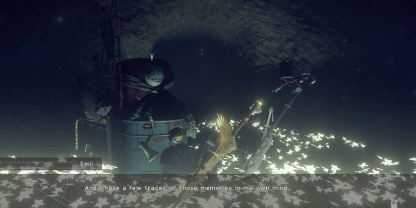 2B and 9S conversing with Emil in his hideout