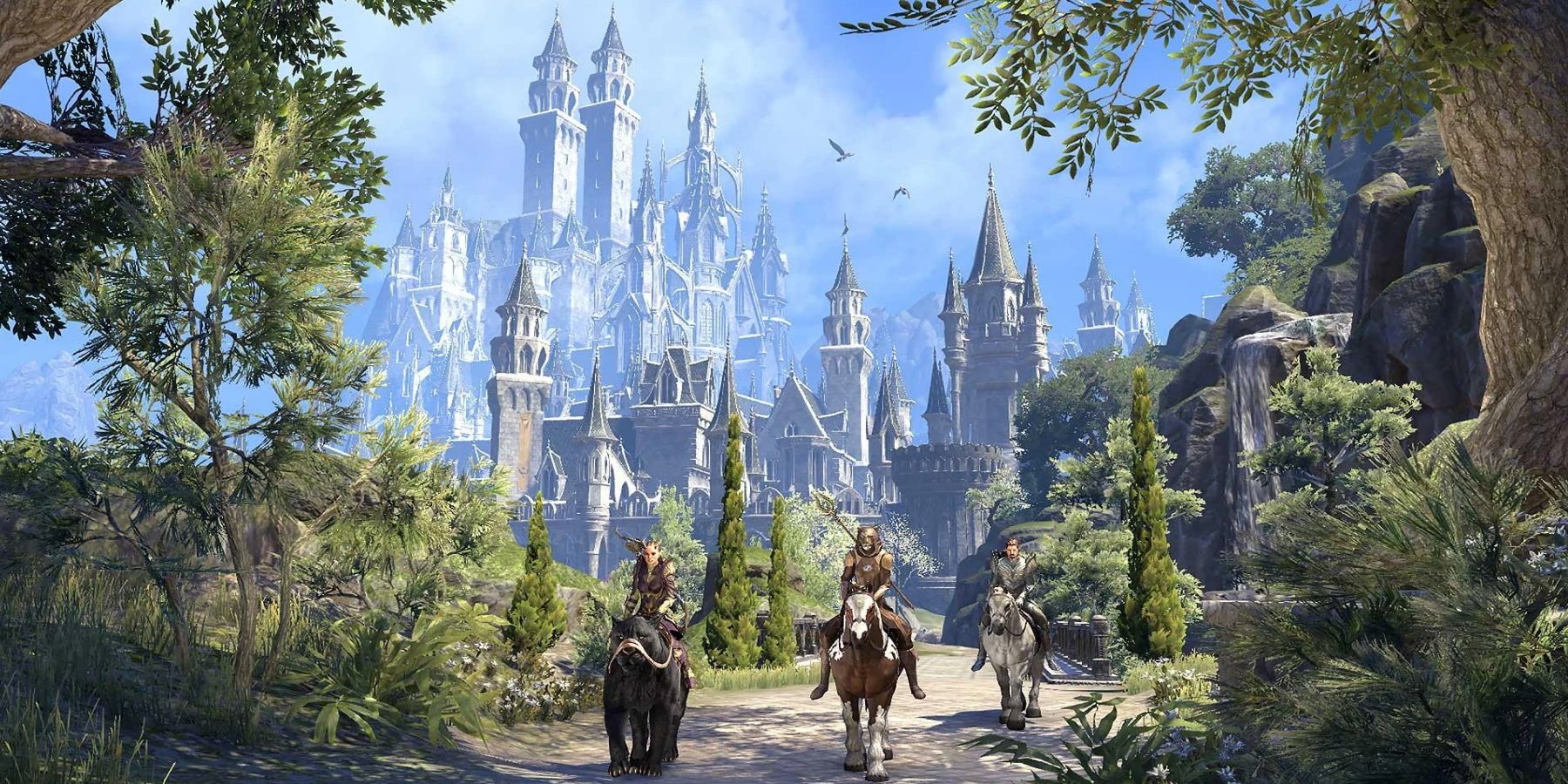 Characters on horseback riding away from castle