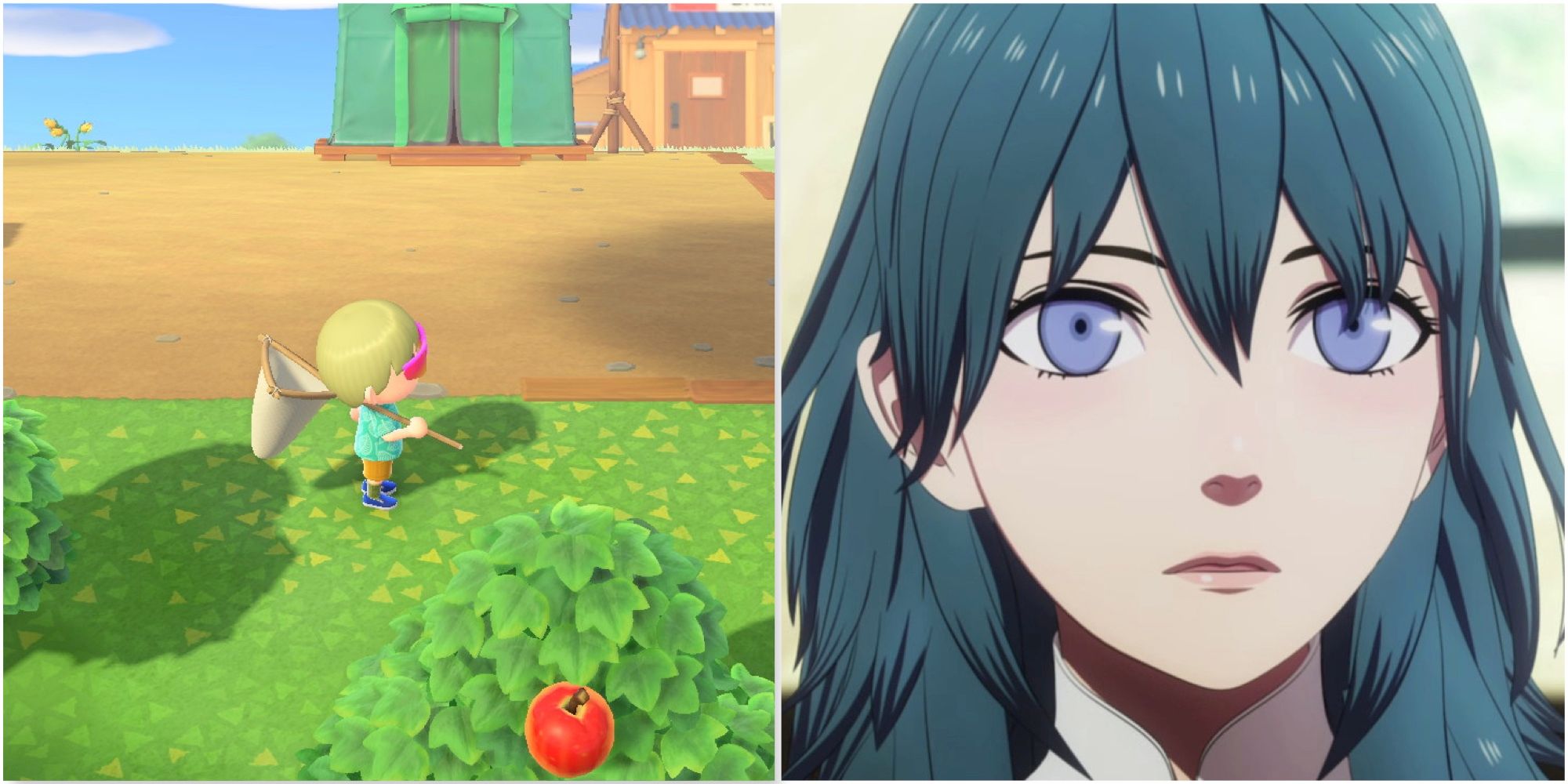 Exploring the world in Animal Crossing New Horizons and Byleth in Fire Emblem Three Houses