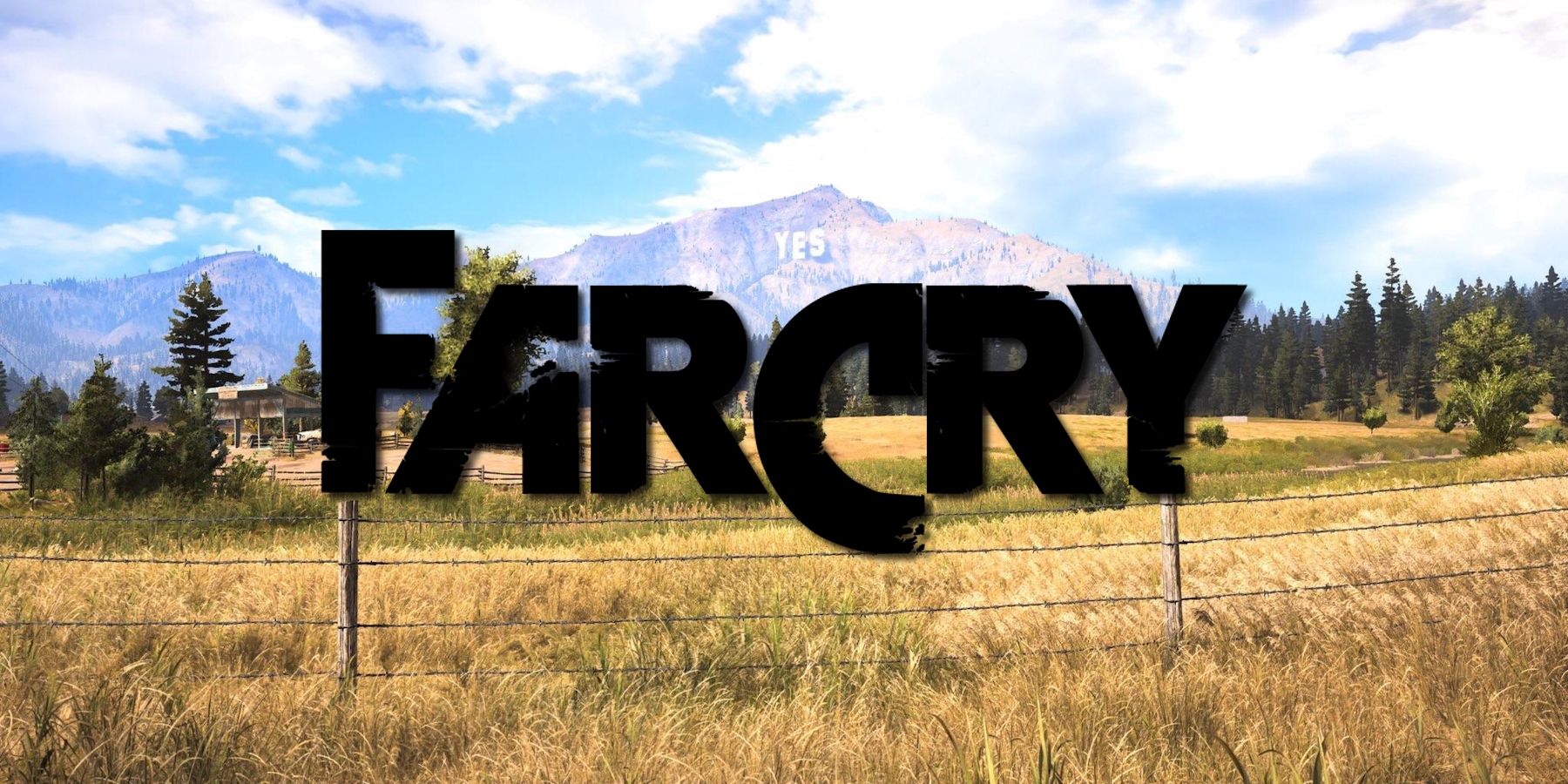 Scenic shot of Far Cry 5 overlaid with the Far Cry logo