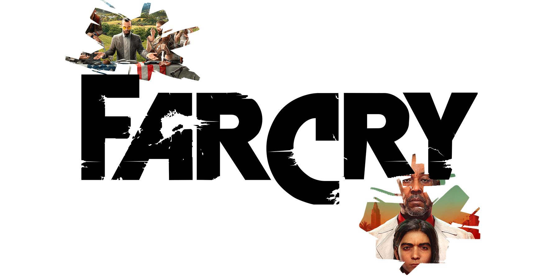 Far Cry series logo on white background flanked by FC5 FC6 covers