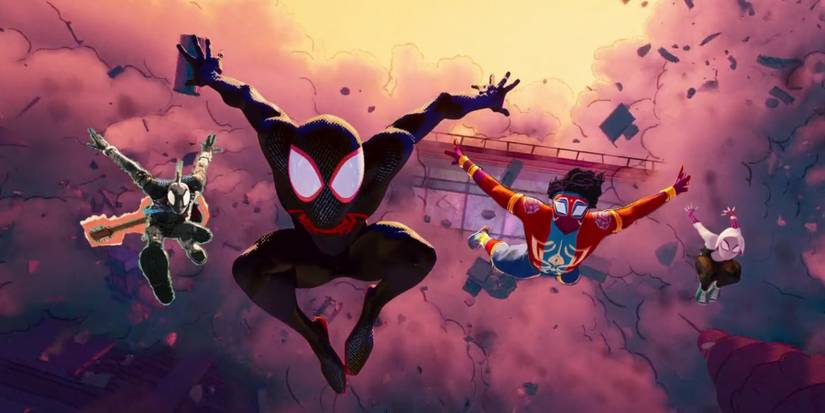 Hobie, Miles Morales, Pavitr Prabhakar, and Gwen Stacy in Spider-Man: Across the Spider-Verse
