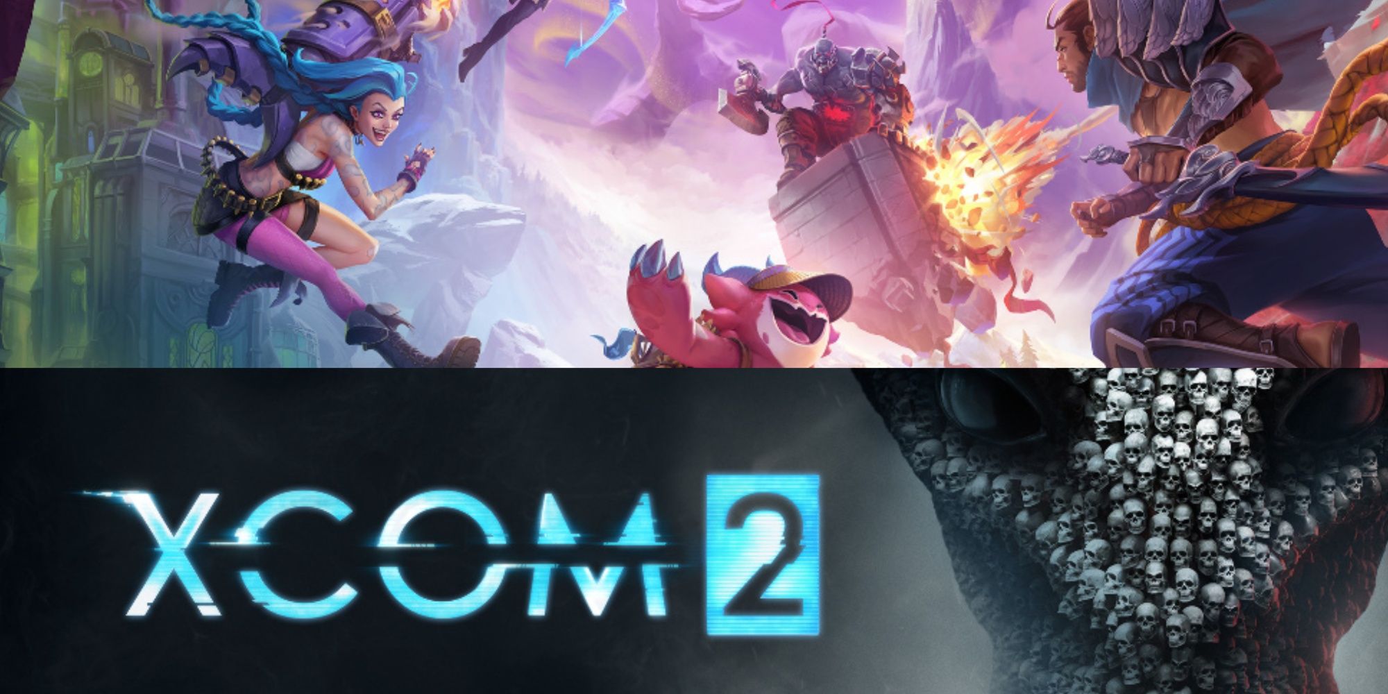 A split image with the top being characters from Leage of Legends fighting and the bottom with the logo of XCOM 2
