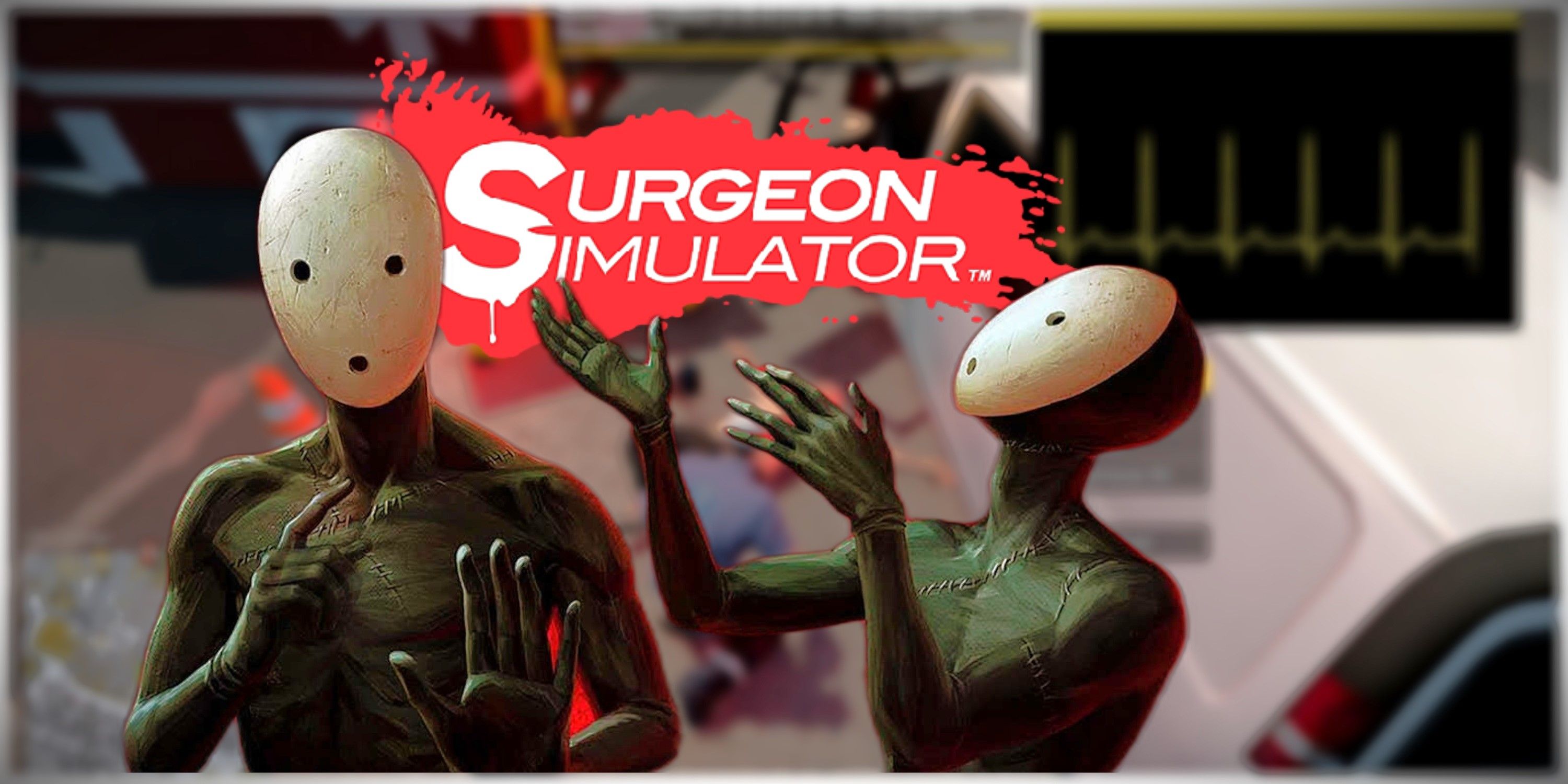 Best Games That Let You Be A Doctor (Featured Image) - Pathologic2 characters pointing to Surgery Simulator logo + blurred Flashing Lights gameplay background