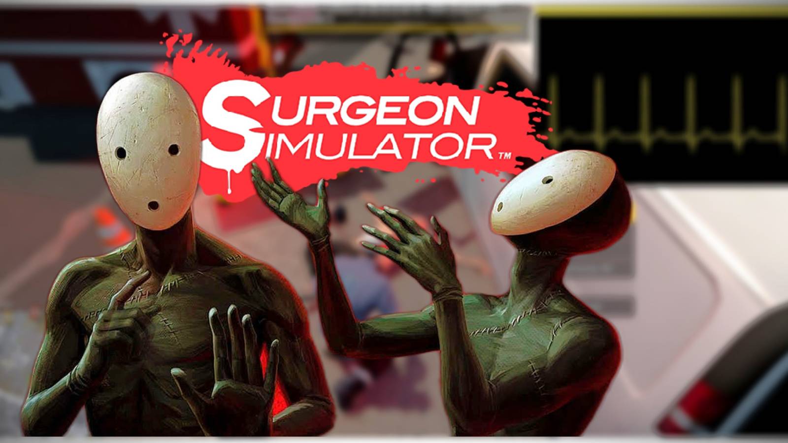 Best Games That Let You Be A Doctor (Featured Image) - Pathologic2 characters pointing to Surgery Simulator logo + blurred Flashing Lights gameplay background
