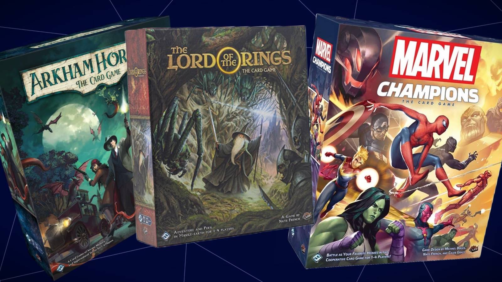 Best LCGs Featured Image (Arkham Horror, LOTR Card Game, Marvel Champions)