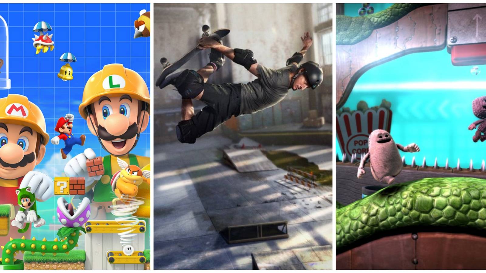 Super Mario Maker 2, Tony Hawk's Pro Skater 1+2, LittleBigPlanet 3