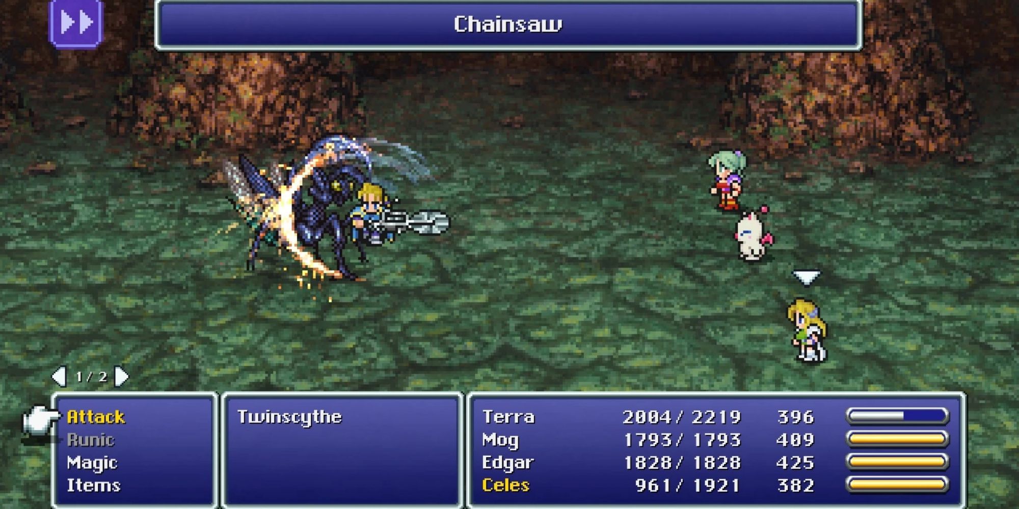 Fighting enemies with Edgar in Final Fantasy 6