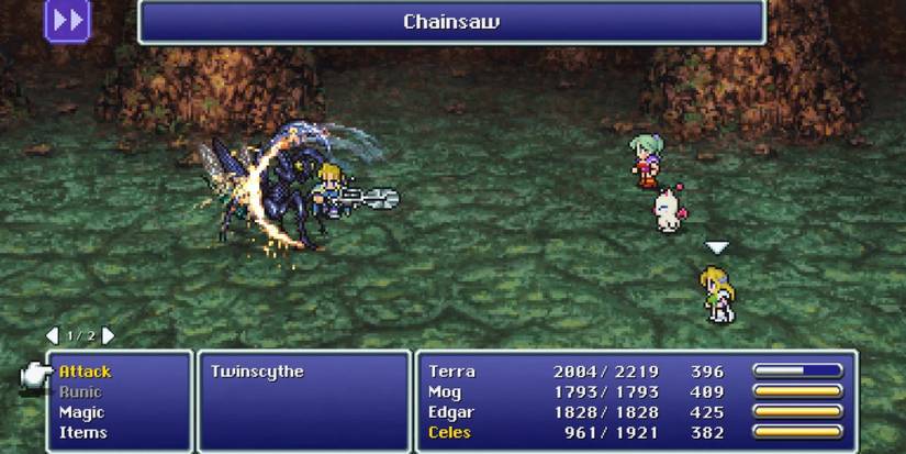 Fighting enemies with Edgar in Final Fantasy 6