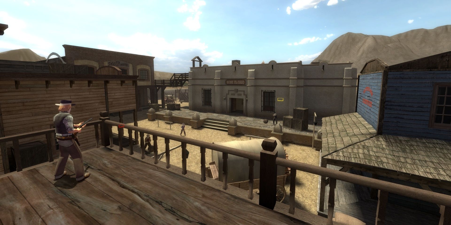 A wild west town that includes a hotel and bank while individuals holding guns surround the town in Fistful of Frags