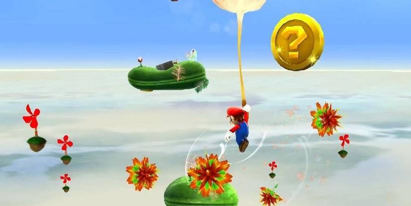 Mario holding a Floaty Fluff in the Gusty Garden Galaxy