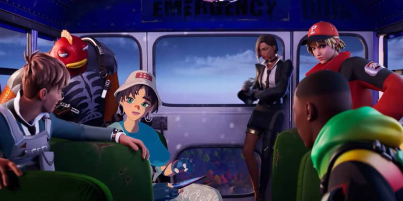 The heist crew on the battle bus in Fortnite Chapter 4 Season 4's trailer