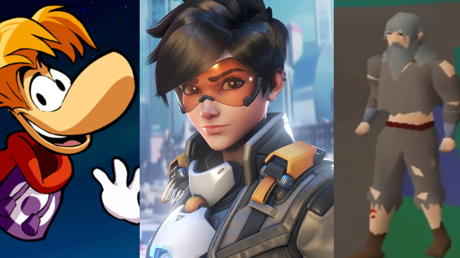 Rayman in Brawlhalla; Tracer in Overwatch 2; an avatar in Old School RuneScape