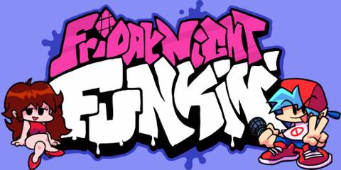 Friday Night Funkin logo and main characters on purple background