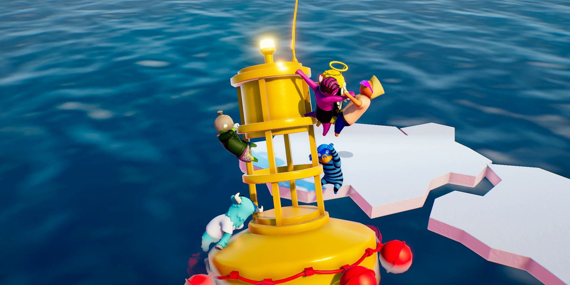 A handful of Gang Beasts players hanging off a buoy in the middle of an arctic ocean
