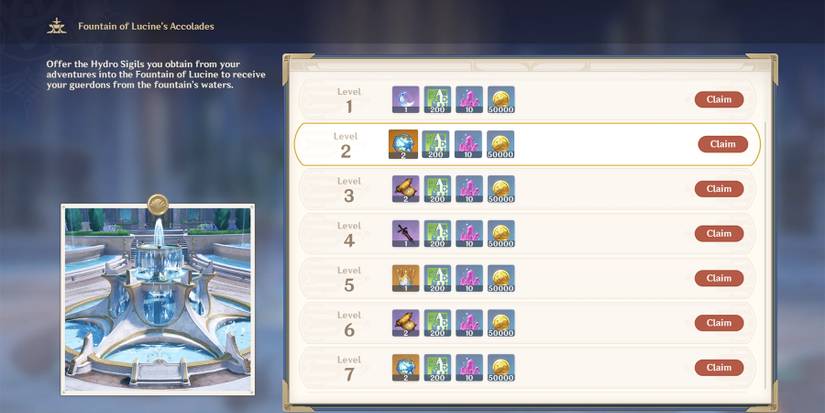genshin imapct fountain of lucine reward list