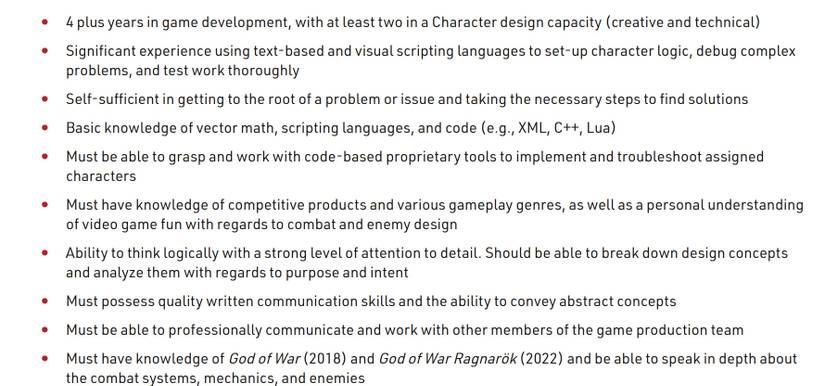 A screenshot of a job posting at Santa Monica Studios for a Senior Combat designer with knowledge of God of War.