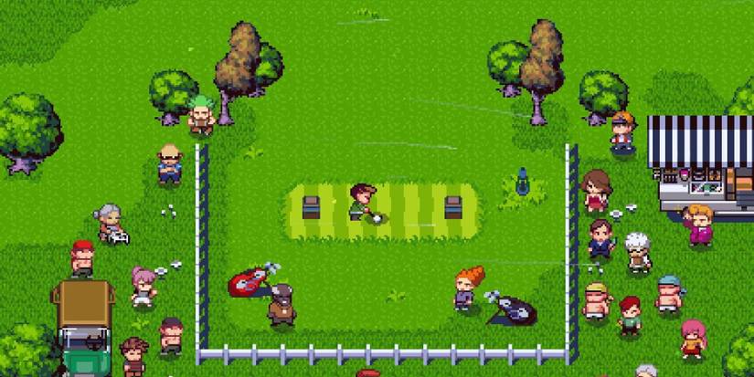 Golfers standing around field, ready to play