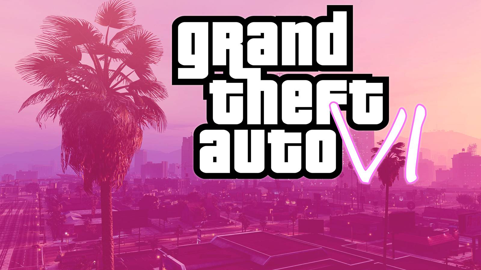 Grand Theft Auto 6 VI logo mockup over pink Los Santos cityscape