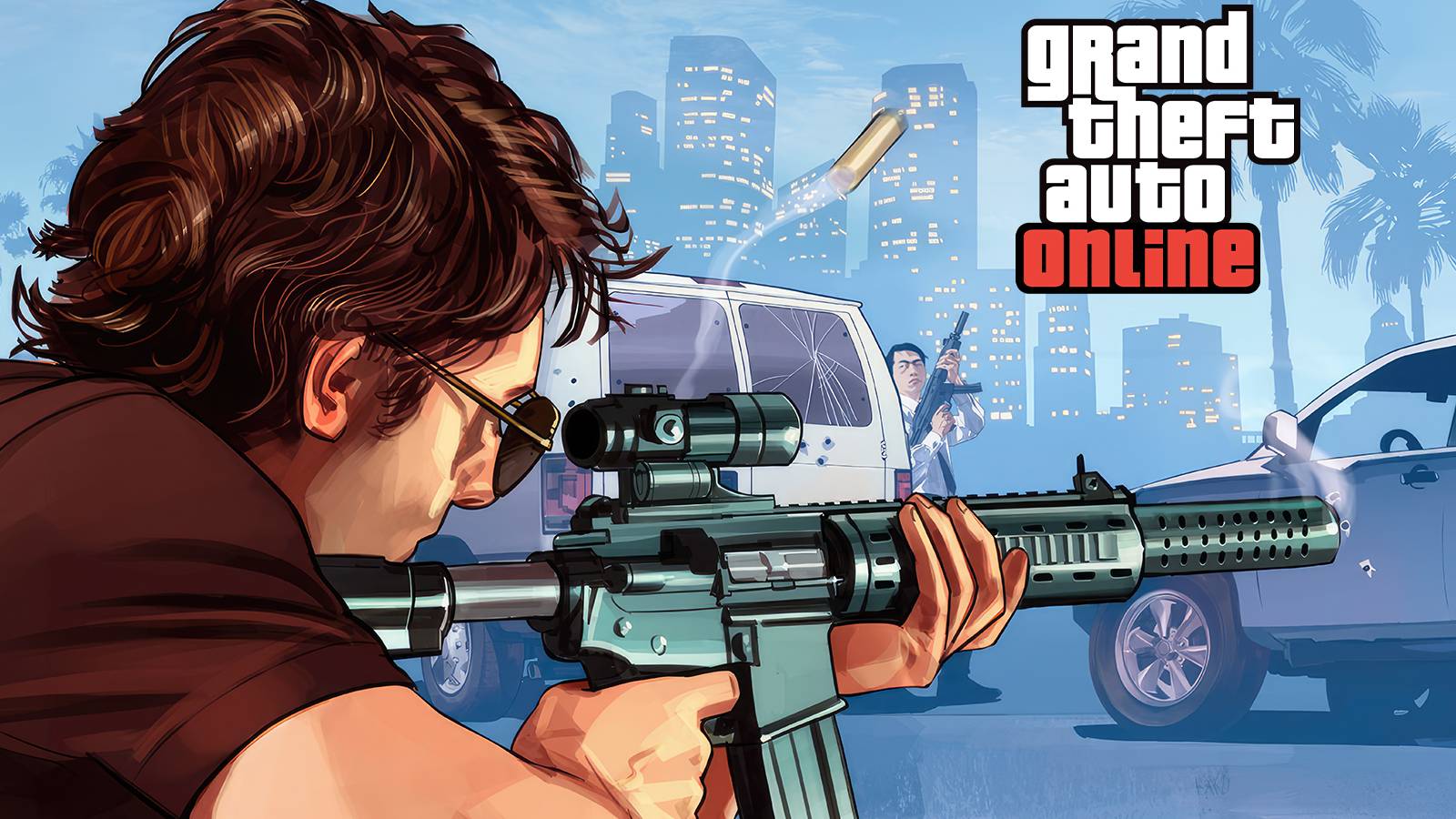 Grant Theft Auto Online parking lot shootout artwork with beta game logo