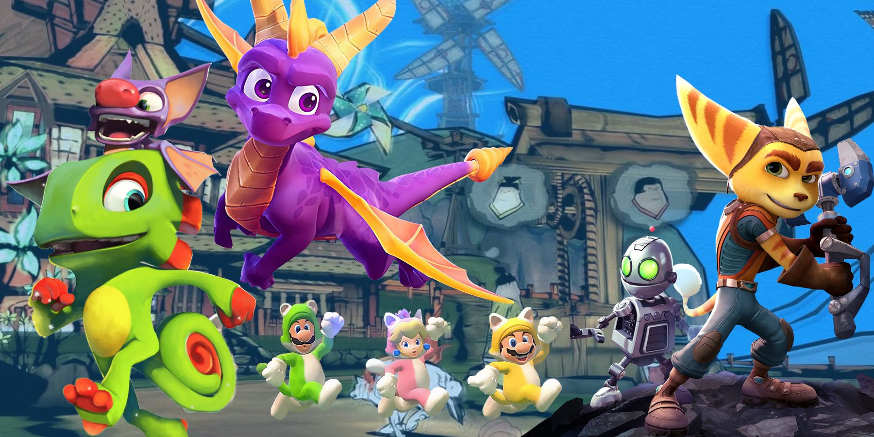 A collage of characters from Yooka-Laylee, Spyro, Mario, and Ratchet and Clank