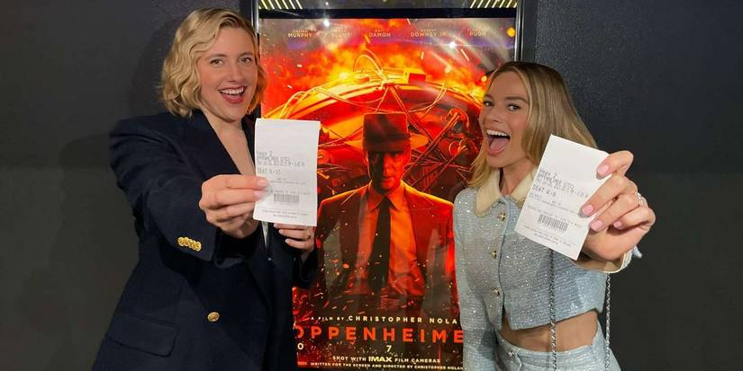 Greta Gerwig and Margot Robbie with Oppenheimer tickets