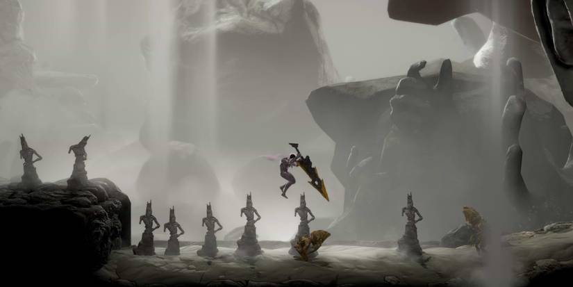 GRIME protagonist drives sword into enemy. Neutral colors