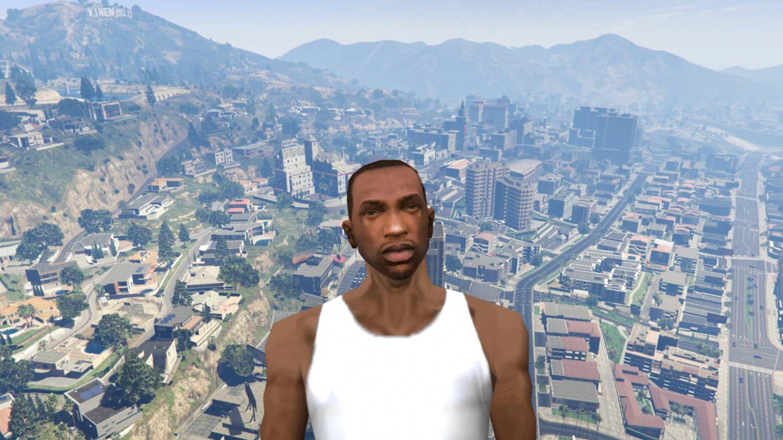 CJ from GTA: San Andreas over a view of Vinewood from Grand Theft Auto 5