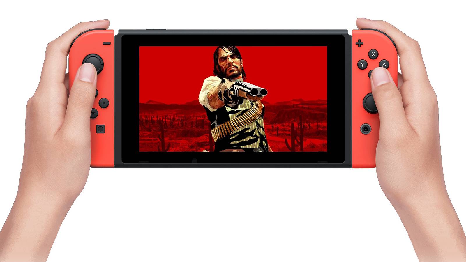 Hand-held Nintendo Switch displaying Red Dead Redemption cover artwork mockup