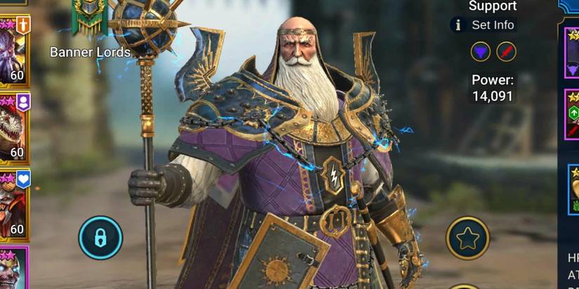 Banner Lords Champion Archmage Helmut stands in a courtyard holding his staff in Raid: Shadow Legends.