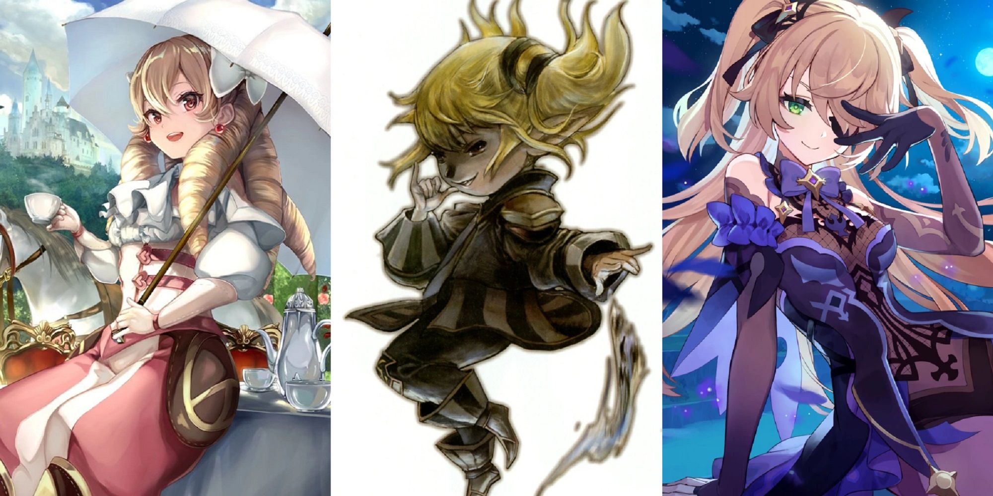 Official artwork of Maribelle from Fire Emblem Awakening, Shantotto from Final Fantasy 11, and Fischl from Genshin Impact