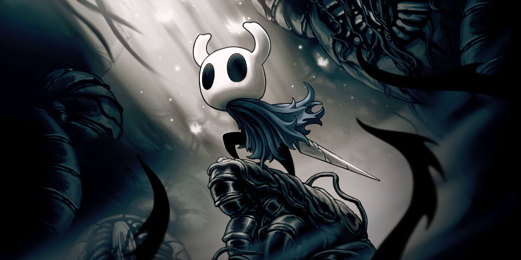 The Hollow Knight bracing against something off-screen