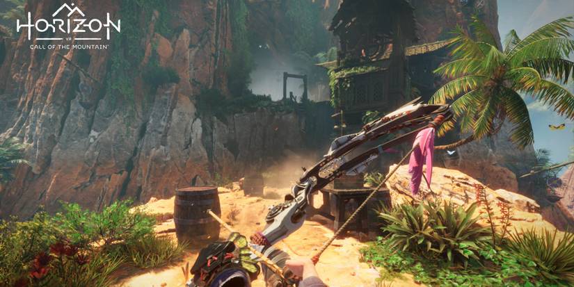 The Character aiming the bow and arrow towards any foe hiding behind the bushes in Horizon Call of the Mountain