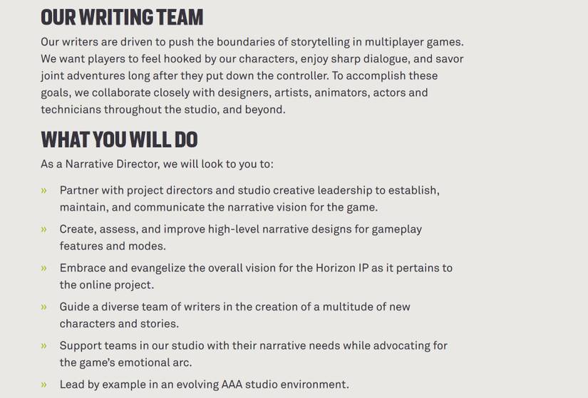 A screenshot of a new job listing for a Narrative Director at Guerrilla Games.