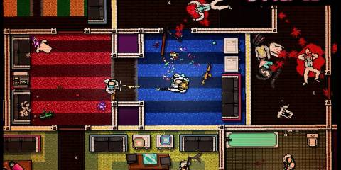 Player firing gun blood corpses