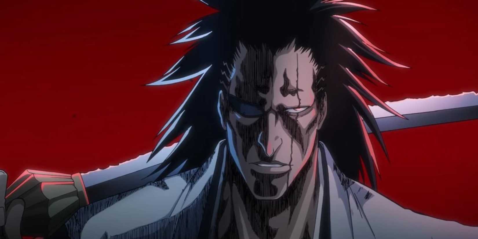 Kenpachi Zaraki stands against the red sky.