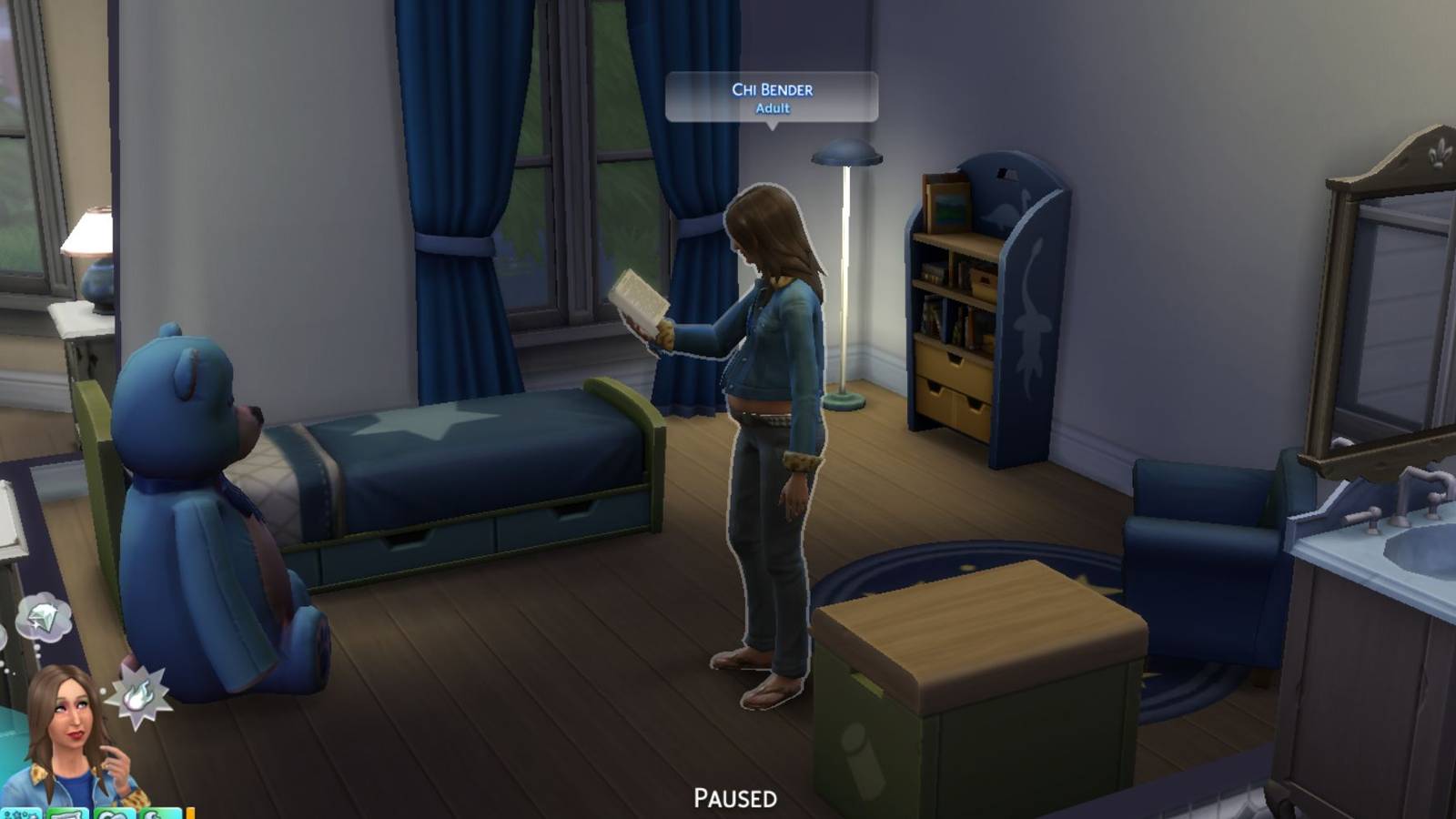 a pregnant sim reading book sims 4