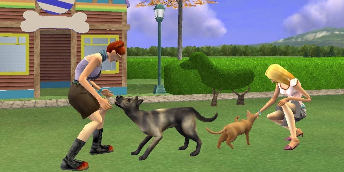 Sims 2 Pets players with dogs in field