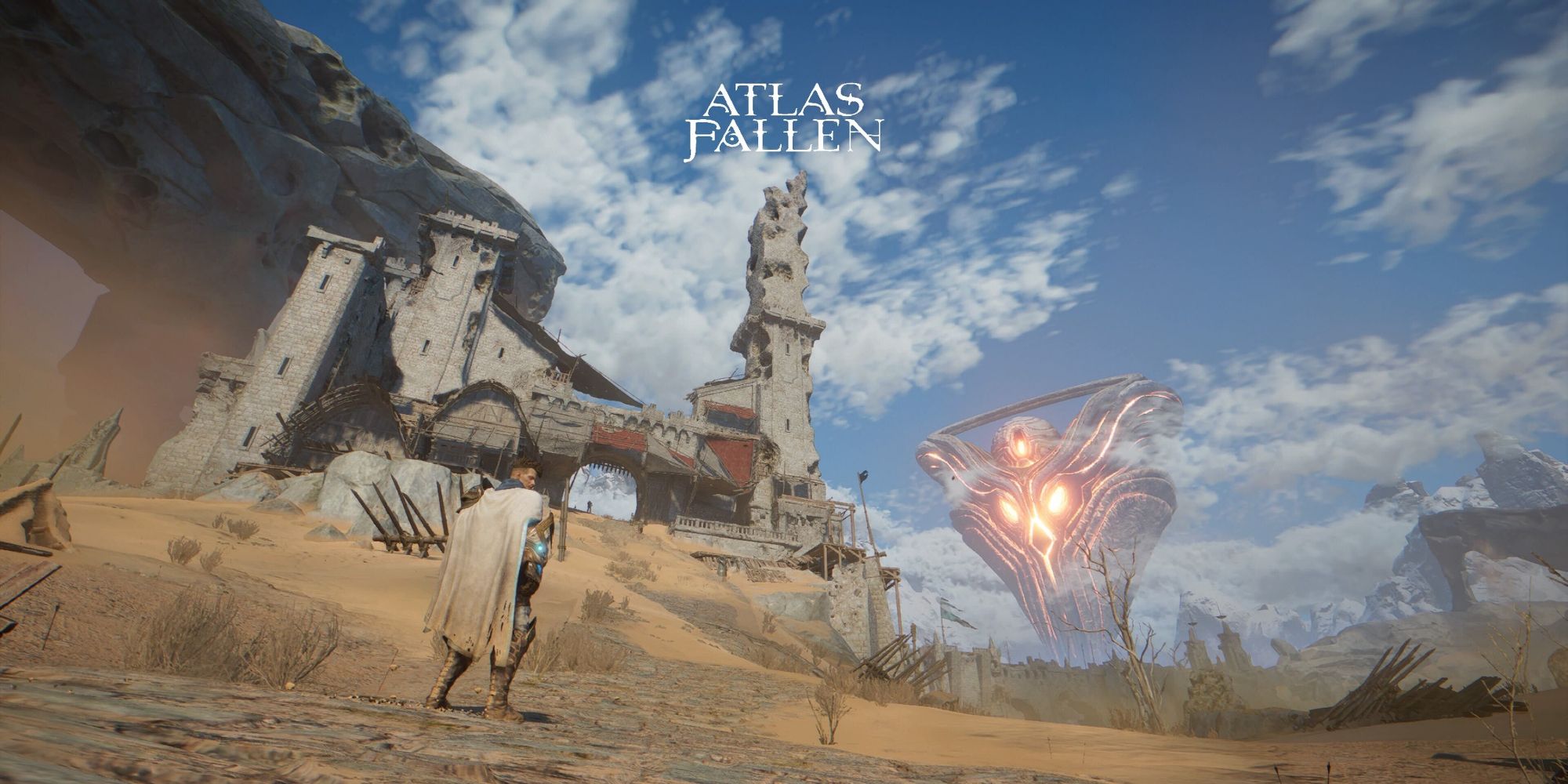 The main character from Atlas Fallen with the Watcher in the background