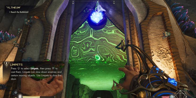 Opening the Temple of Aristeya's glowing green door in Imortals of Aveum