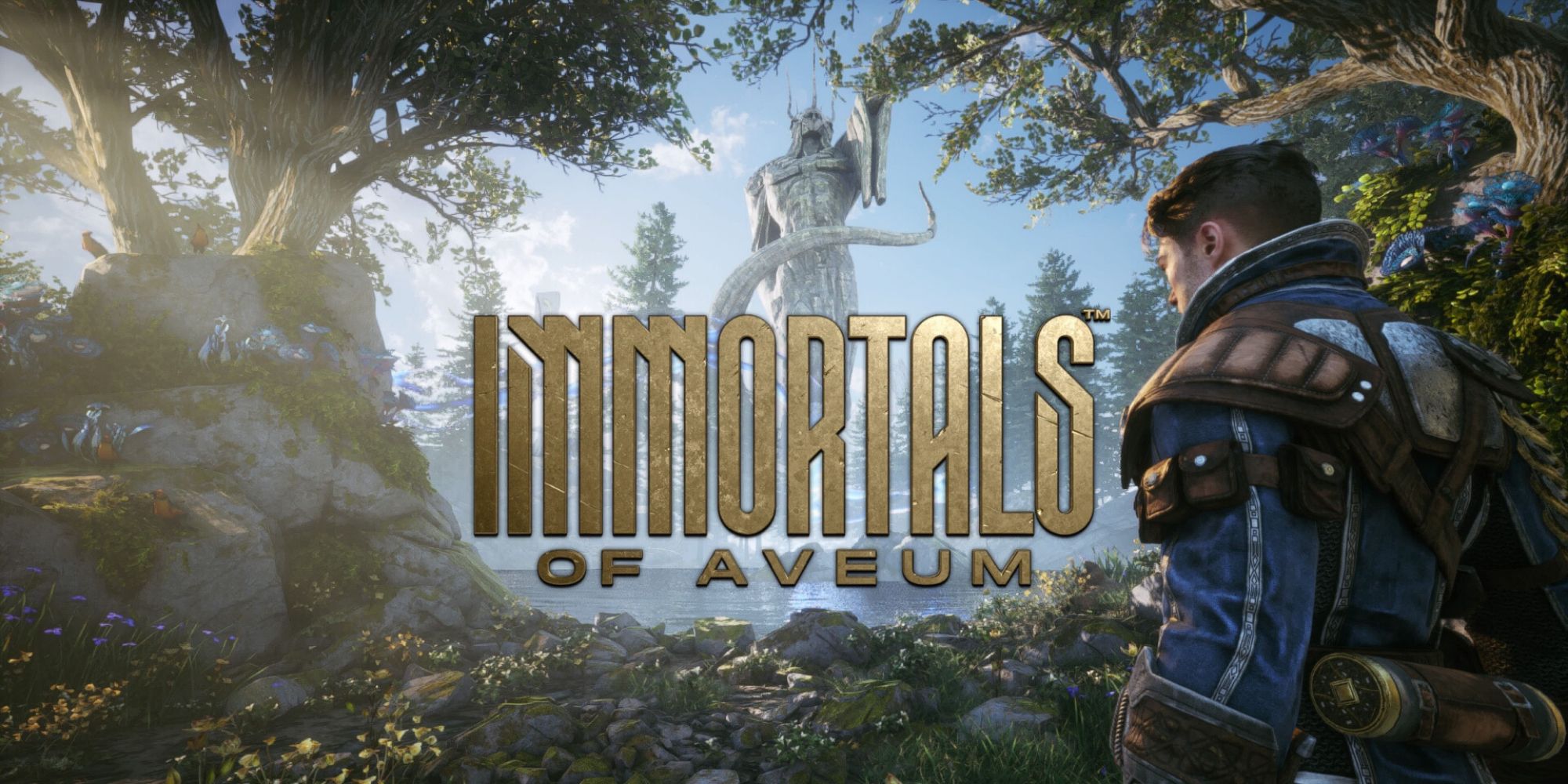 The main menu image from Immortals of Aveum showing Jak and the Pentacade statue
