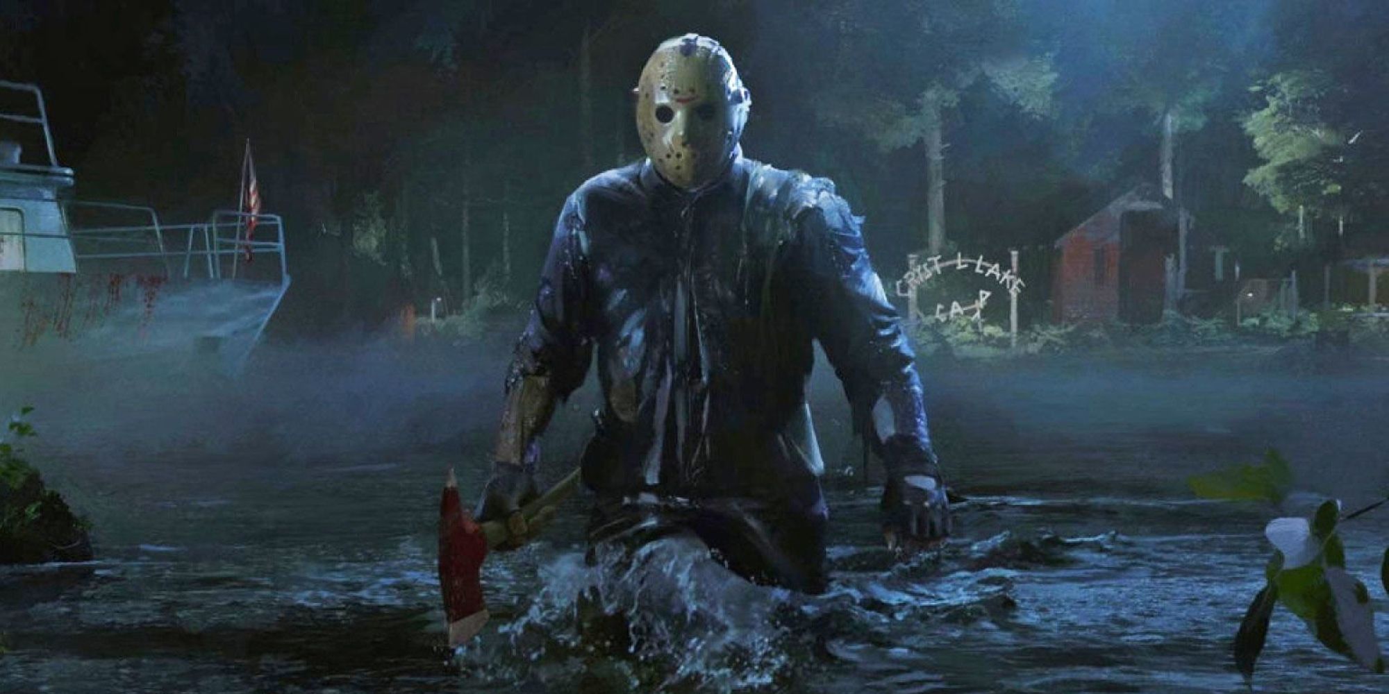 jason voorhees emrging from the river with a weapon in hand