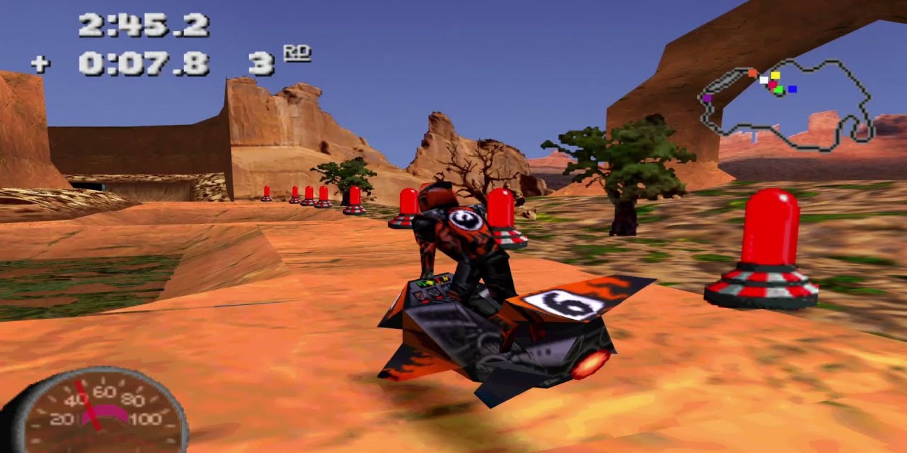 A player navigating through a race track in Jet Moto 2