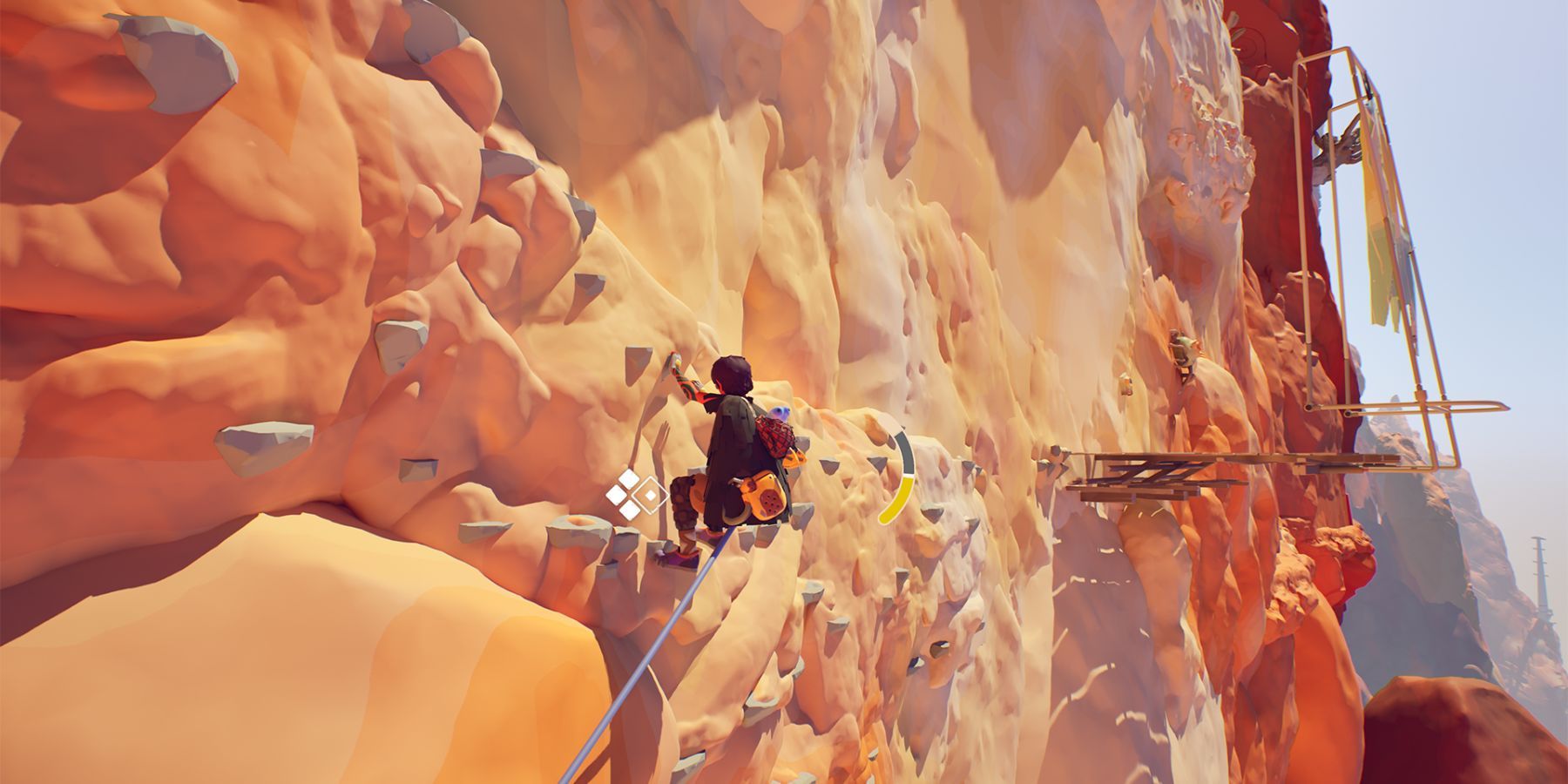 The protagonist climbs a sheer mountain face with lots of handholds and platforms on it
